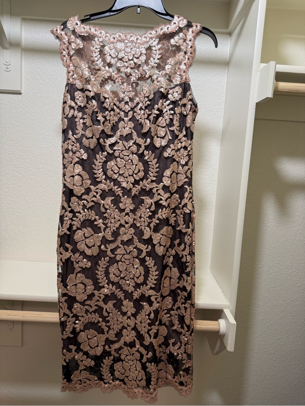 Tadashi Shoji Black Dress with Rose Gold Lace Appliqué